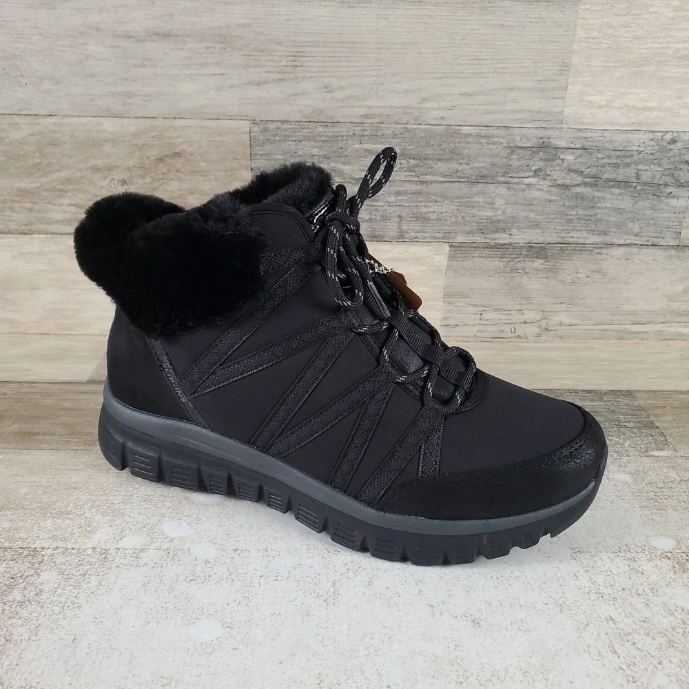Skechers Slip Ins Graceful Cozy Strolls Womens Boots Sz 9.5 Black Faux Fur Trim